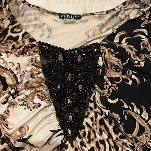 VENUS Black and Cream Blouse with Beaded Accent